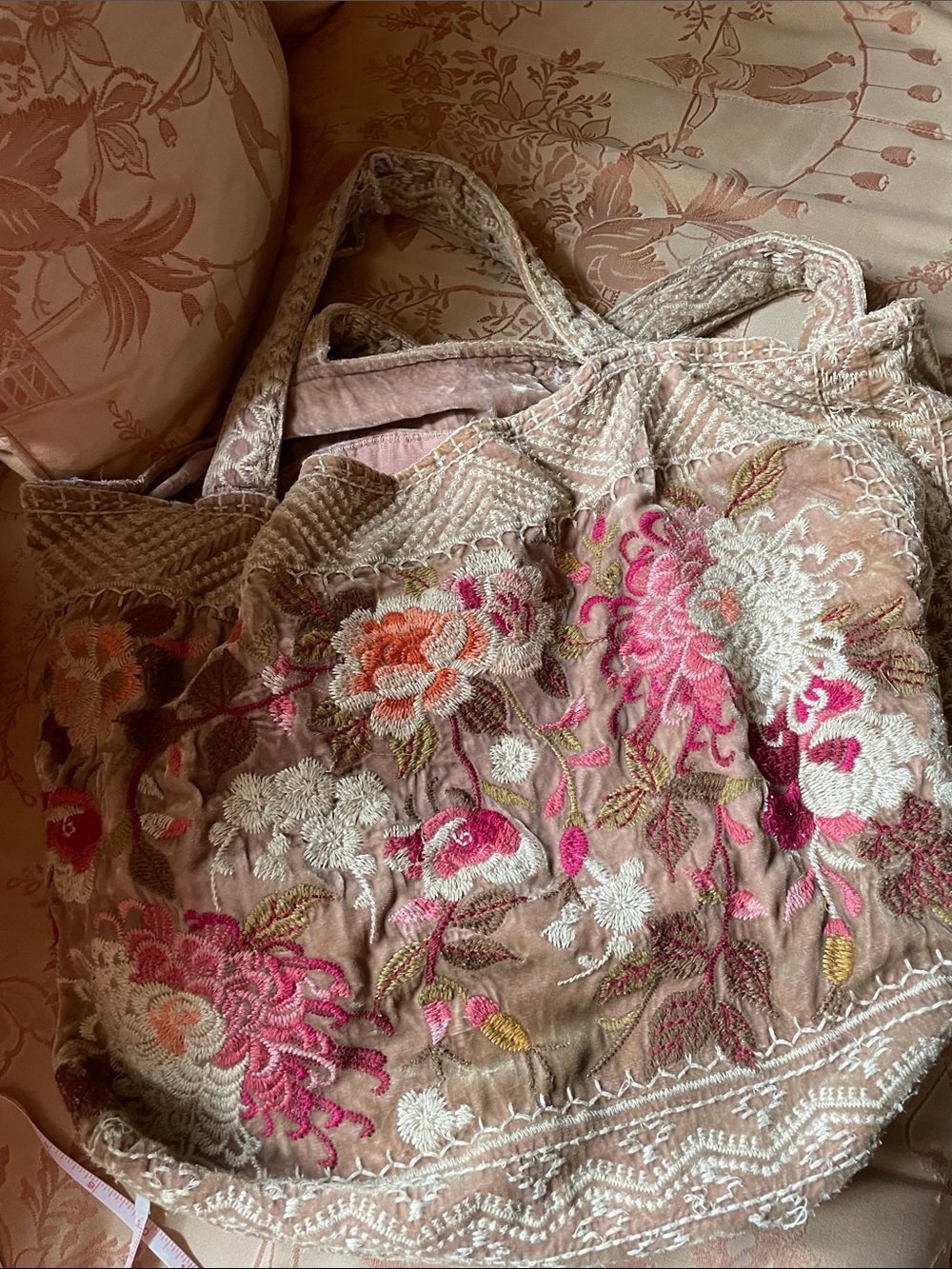 Johnny Was Beige Tote with Pink & Gold Embroidery - Picture 3 of 11